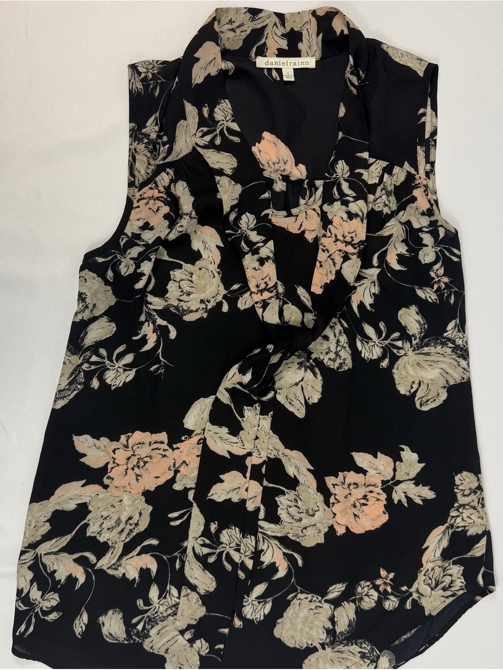 Daniel Rainn Black Floral Tie Neck Sleeveless Blouse Top Size Small
